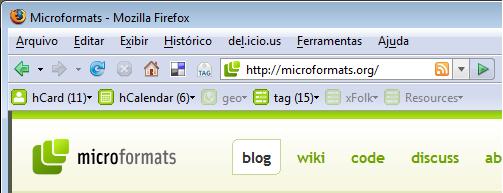 Extensão Operator listando microformatos do site ativo